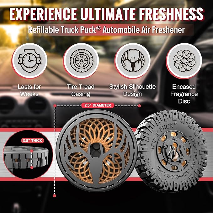 Drive Time Truck Puck High Range Cedar Fragrancee Car Air Freshener – Long-Lasting Car Deodorizer, Refillable Vent & Visor Clip Auto Air Freshener for Car, Truck & SUV, Premium Fragrance, Pack of 3