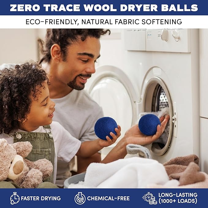 Zero Trace Wool Dryer Balls - Dryer Balls Laundry Reusable - Eliminate Wrinkles Static & Lint – Cruelty Free & Non-Toxic - Laundry Balls for Dryer -Fabric Softener Ball – Wool Balls with Fragrance Oil