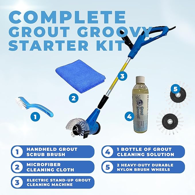 Grout Cleaner Bundle, Electric Stand Up Tile Grout Cleaner Machine with 20’ Cord, 3 Brush Wheels, 1 Cleaner, 1 Grout Hand Brush, 1 Microfiber Cloth