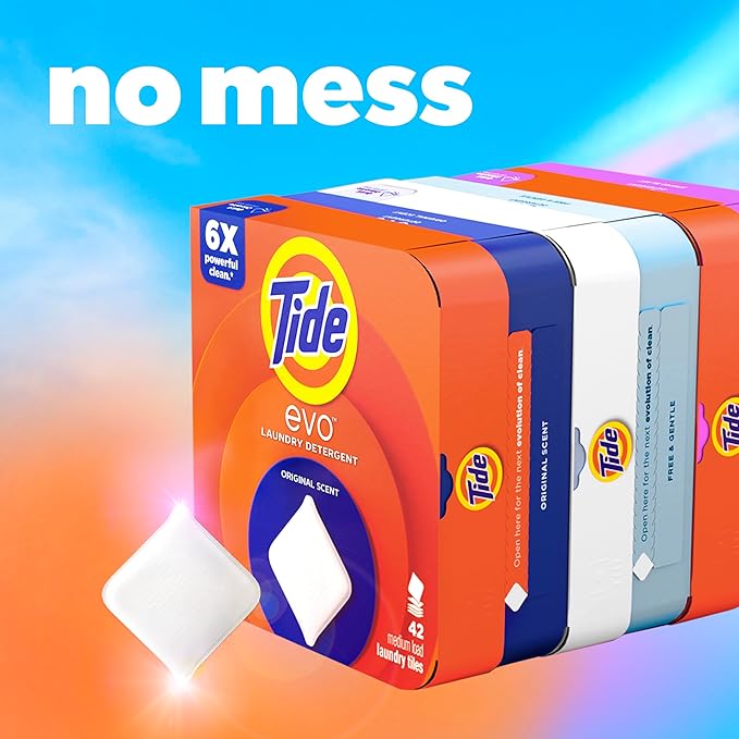 Tide evo Original Scent Laundry Detergent Fiber Tiles Works on 100% of Common Stains Safe for All Machines and Water Conditions Concentrated HE Compatible Clean and Instant Dissolve, 42 Count