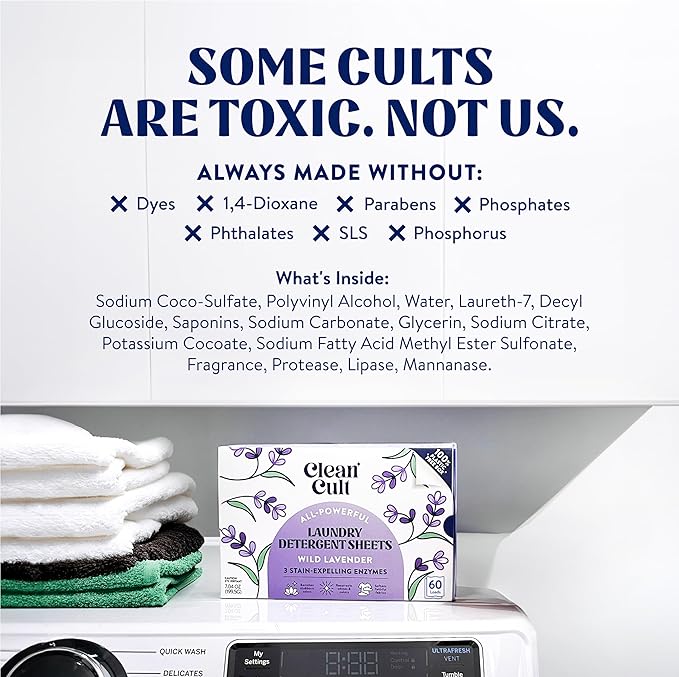Cleancult Laundry Detergent Sheets - Resealable Box - 3 Stain Fighting Enzymes - Wild Lavender - 60 Loads - Free of Harsh Chemicals - No Mess - No Plastic Waste (Pack of 2)