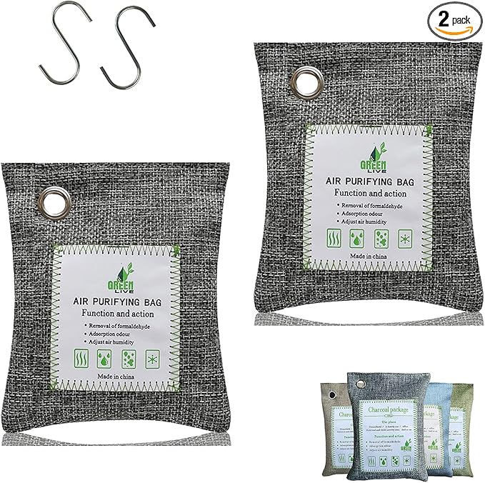 Bamboo Charcoal Bags Odor Absorber, 2 Packs 100g Charcoal Deodorizer Bags with Hooks, Nature Bamboo Charcoals Air Purifying Bags Activated Charcoals Odor Absorbers for Home Cars Pet Closet Bathroom
