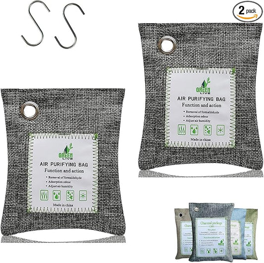 Bamboo Charcoal Bags Odor Absorber, 2 Packs 100g Charcoal Deodorizer Bags with Hooks, Nature Bamboo Charcoals Air Purifying Bags Activated Charcoals Odor Absorbers for Home Cars Pet Closet Bathroom