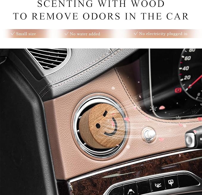 2 PCS Wood Car Essential Oil Diffuser, Wooden Aromatherapy Essential Oils Diffuser with Vent Clip, Wood Vent Clip Air Freshener for Vehicle Office Home Bedroom (Smile)