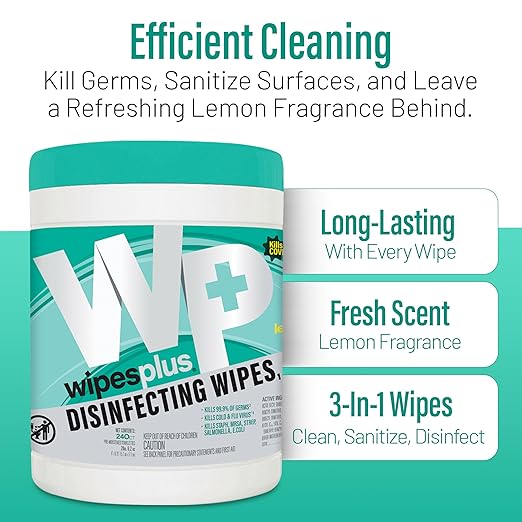 WIPESPLUS Disinfecting Surface Wipes Canister Bleach Free with Lemon Scent for Home and Business, 240 Count