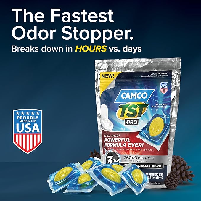 Camco TST PRO RV Toilet Treatment Drop-INs - Innovative Bio-Enzymatic Formula - Fastest Odor Stopper & RV Sewer Waste Break Down - RV Black Tank Treatment - Fresh Pine - Septic-Safe, 10-Pk (41770)