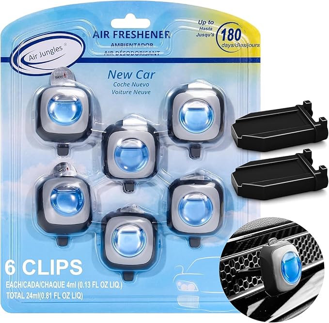 Air Jungles New Car Scent Car Air Freshener Vent Clip 6 Ct with 2 Adapter for Honda Civic, CRV, ZRV, HRV, Integra, Long Lasting Up to 180 Days, Natural Essential Oil Car Fragrance Odor Eliminator