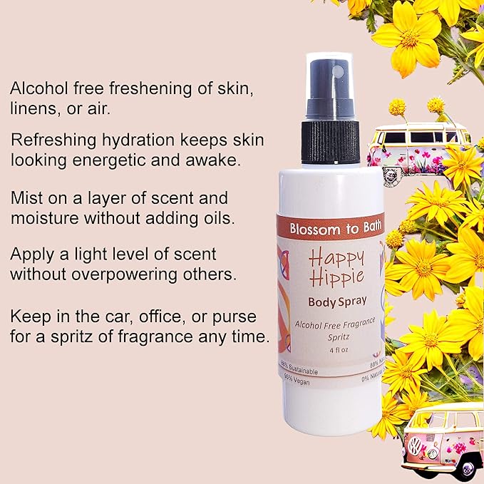 Blossom to Bath Happy Hippie Body Spray (4 Ounce) - Pure Essential Oil Fragrance - Energizes Skin with a Sweet Happy Herbal Scent