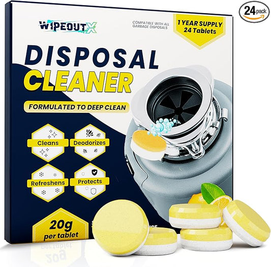Garbage Disposal Cleaner Tablets - 24 Pack (1-Year Supply) Powerful Foaming Lemon Scented Kitchen Sink Freshener Drain & Pods Odor Eliminator and Deodorizer Septic Safe
