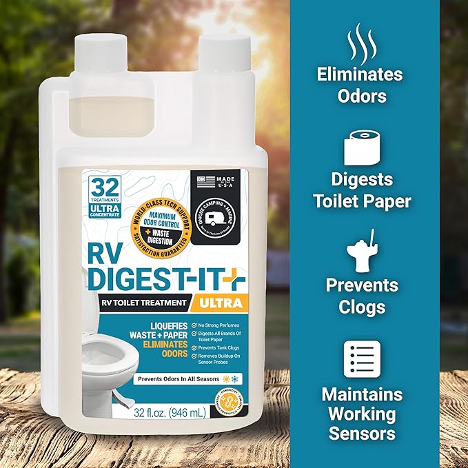 Unique RV Digest-It Ultra RV Toilet Treatment, 32 Uses, Super Concentrated - Eliminates Smells and Liquifies Waste, Easy-Measure Extra-Strength Preventive Bio-Enzymatic Holding Tank Treatment (32 oz)