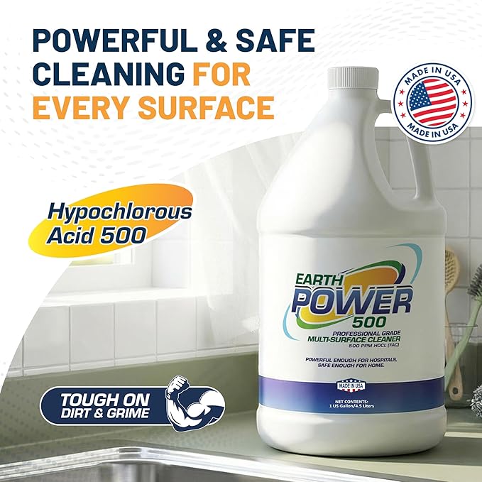 Earth Power Hypochlorous Acid 500 PPM Multipurpose Cleaner – Natural & Non-Toxic – Tile, Refrigerator, Shower, Countertop & Floor Cleaner – Family, Food & Pet Safe Cleaning Supplies – 1 Gallon