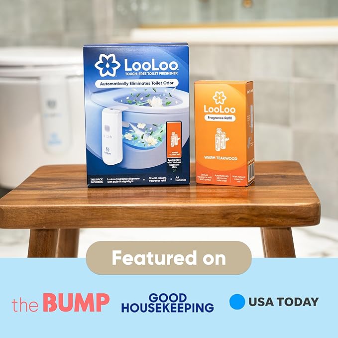 LooLoo 3.0 Touch Free Toilet Freshener Automatic Air Freshener Spray for Bathroom Starter Kit with Light and Toilet Deodorizer, Bathroom Spray Odor Eliminator - Warm Teakwood