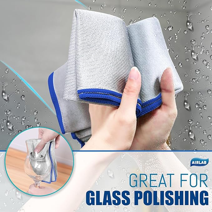 Airlab Streak Free Miracle Cleaning Cloth Easy Clean Pack of 8-12" x 16" Microfiber Dish Cloths Glass Polishing Lint Free for Kitchen Mirrors Wine Car