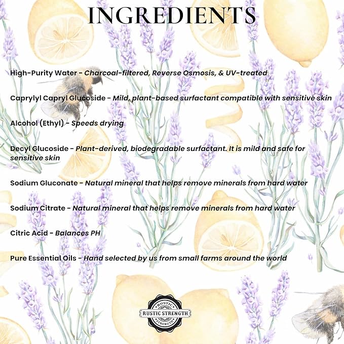 Rustic Strength Lots of Purpose Spray Cleaner with Lavender and Lemon Essential Oils, Non-Toxic Plant Based Multi-Surface, Gallon Plastic