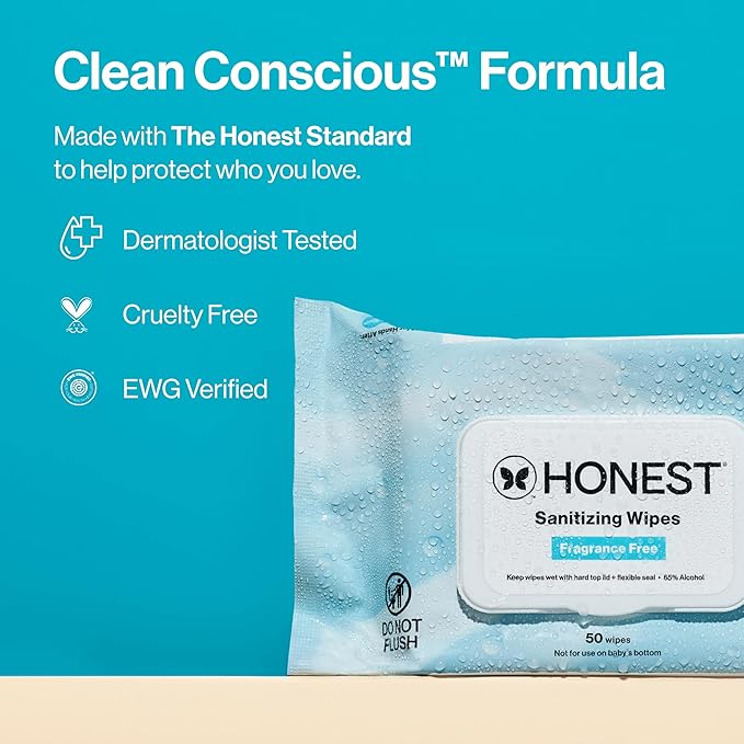 The Honest Company Fragrance-Free Sanitizing Alcohol Wipes, Antibacterial, Safe for Hands Kills 99% of Germs, Made With Aloe, 100 Count, (2 Packs 50)