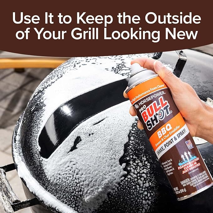 Bull Shot BBQ Pro, Foaming Grill Cleaner, AS SEEN ON TV, Professional Strength Foam Spray Emulsifies Burnt Grease & Char on Grates, Racks, Pans, Smokers & Griddles Cleans in Just 10 Min - Made in USA