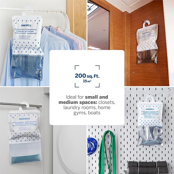 HUMYDRY Hanging Moisture Absorber for Closets, Pack of 6 Unscented 15.9 Oz Dehumidifier Bags, Non Electric Humidity Absorbers for Wardrobes Clothes Storage Areas and Small Enclosed Spaces