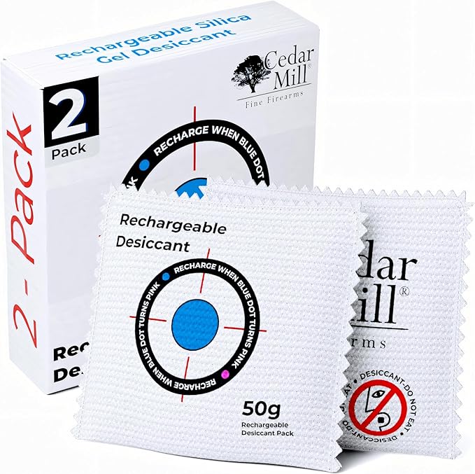 Cedar Mill Fine Firearms Gun Safe Dehumidifier – 50g Rechargeable Desiccant Packs - Reusable Moisture Absorbers for Pistol Cases, Firearms, Closet, Car - Pack of 2