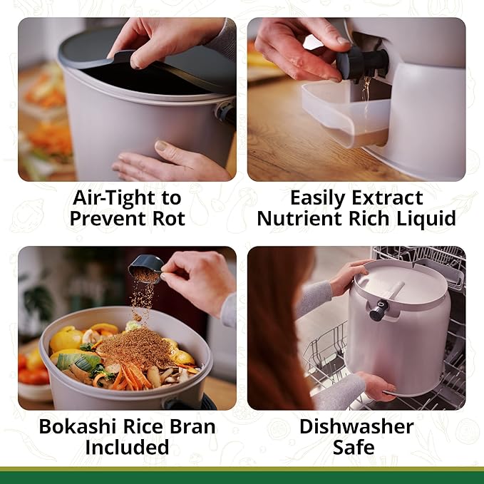 TeraGanix Bokashi Compost Starter Kit, Essential Set + Base, Indoor Composting, 2X 15.3L (4 gal) Bins, Collect & Ferment Waste, Airtight, No Pests or Odors, Bokashi Rice Bran Included, (Grey)
