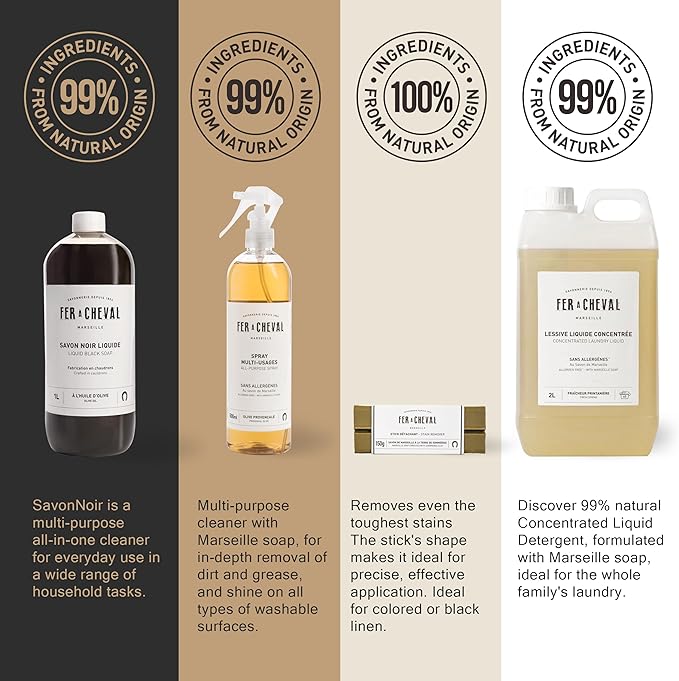 Fer à Cheval Bundles - Liquid Black Soap, Concentrated Laundry Liquid 2L/67.6oz, All-Purpose Spray Cleaner 500ml/16.9 fl oz, Stain Remover Stick with Sommières Clay