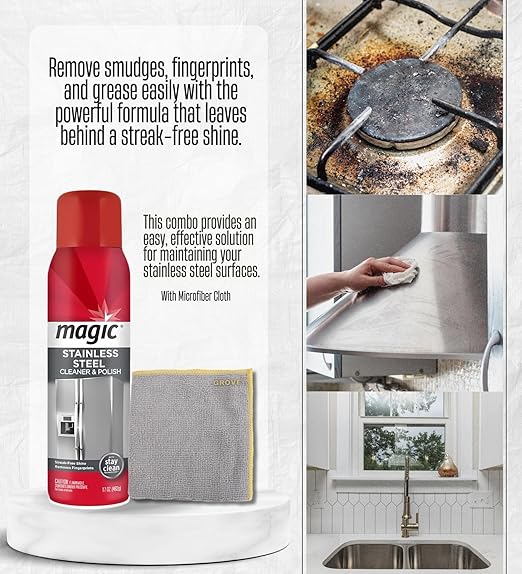 4x Stainless Steel Cleaner 17 oz by Magic – Polish Wipes Bundle with Microfiber Towel – Foaming Formula Clings to Surfaces, Easy Application for Shiny Stainless – Gift Set (5 Items)