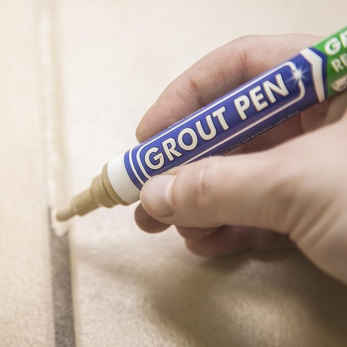 Grout Pen Tile Paint Marker: Waterproof Grout Colorant and Sealer Pen to Renew, Repair, and Refresh Tile Grout - Cleaner Coating Stain Pens - 2 Pack, 5mm Narrow Beige and 5mm Narrow White Tip