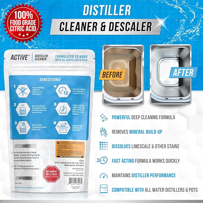 ACTIVE Distiller Descaler Citric Acid Cleaner - 2 Lb Bulk for Cleaning Water Distillers, Pure Citrus Acid Crystals Universal Residue Descaling Portable Distiller, Kettle, Boiler, Dispenser