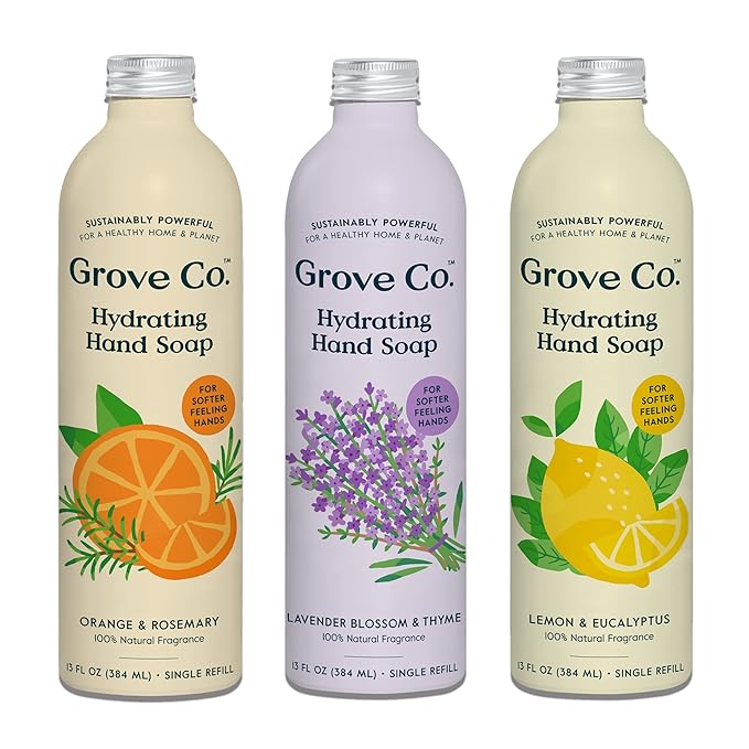 Grove Co. Hydrating Gel Hand Soap Refills (3 x 13 Fl Oz) Plastic-Free Liquid Hands Cleaner Refill Set, 100% Natural Lemon & Eucalyptus + Lavender & Thyme + Orange & Rosemary Fragrance