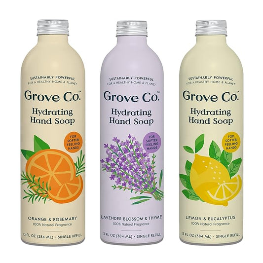 Grove Co. Hydrating Gel Hand Soap Refills (3 x 13 Fl Oz) Plastic-Free Liquid Hands Cleaner Refill Set, 100% Natural Lemon & Eucalyptus + Lavender & Thyme + Orange & Rosemary Fragrance