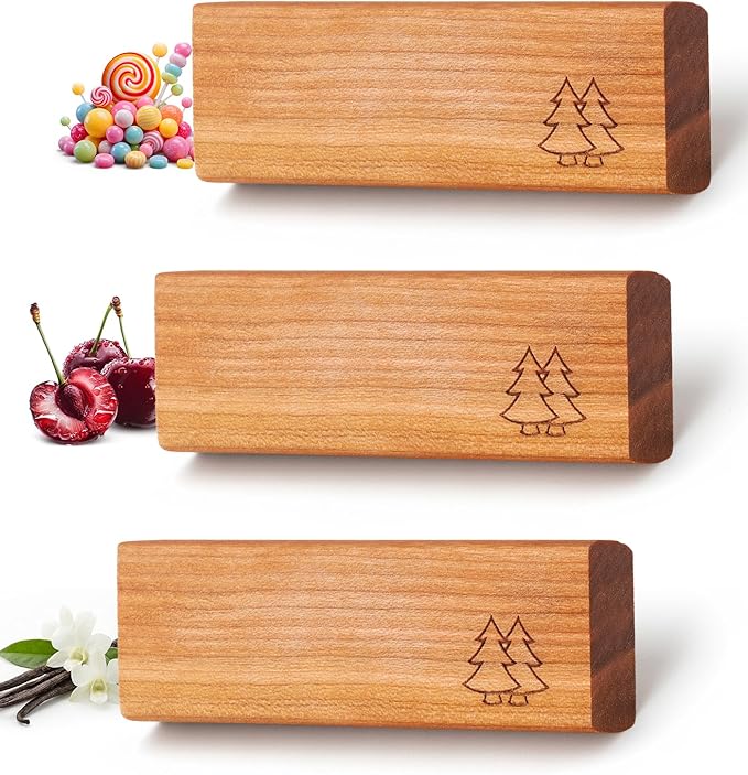 Natural Wooden Car Air Freshener for Vent Clips- Cherry/Vanilla/Bubblegum Scents, Long-Lasting Odor Eliminator with Metal Clip, 3 Refillable Wood Chips for Cars/Trucks/SUVs