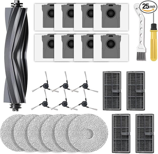 25Pcs Replacement Accessories Kits for Dreame X40 Ultra Complete L40 Ultra X40 Master and P10 Pro Ultra - 1 Main Brush, 4 Filters, 6 Mop Pads, 8 Dust Bags, 6 Side Brush, 1 Clean Brush, 1 Screwdriver