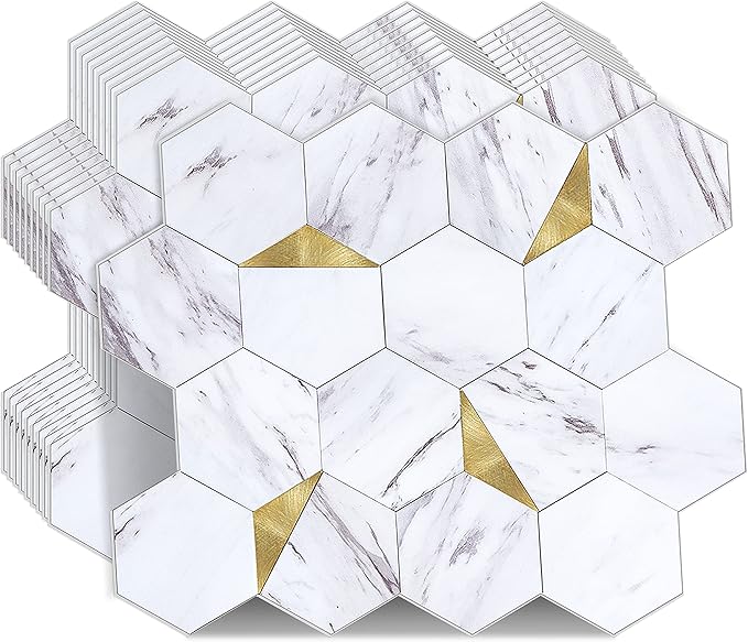 Peel and Stick Backsplash for Kitchen,New Upgrade Premium Hexagon Peel and Stick Backsplash, Seamless Backsplash Tile for Bathroom,（10-Sheet Carrara White Marble and Metal Gold）