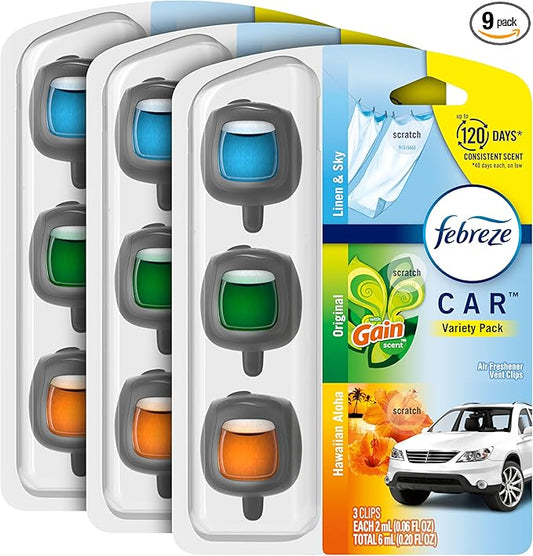 Febreze Car Air Freshener Odor-Fighting Car Vent Clip, Variety, Linen and Sky, Original, Hawaiian Aloha Scent Automatic Air Freshener, 3-Count Pack of 3