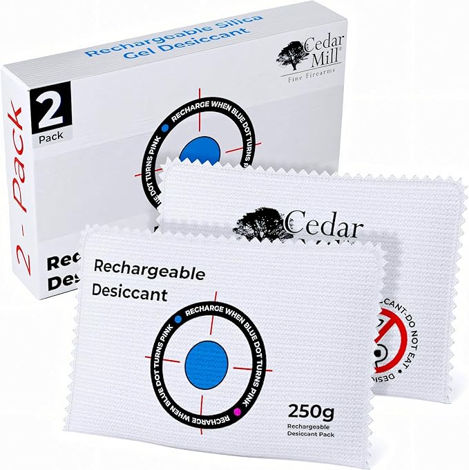 Cedar Mill Fine Firearms Gun Safe Dehumidifier – 250g Rechargeable Desiccant Packs - Reusable Moisture Absorbers for Gun Safes, Firearms, Closet, Car - Pack of 2