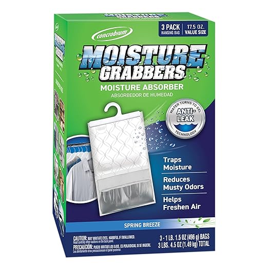 Concrobium 378488 Moisture Grabbers, 3-Pack 17.5 oz Spring Breeze Pouches, Anti-Leak Gel Technology, Covers Up to 350 cu ft.