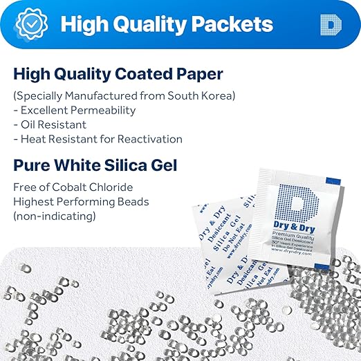 Dry & Dry 1 Gram [100 Packets] Silica Gel Packets Desiccants, Silica Packets - Rechargeable Moisture Absorbers for Food Storage, Electronics, 3D Filament & Safes