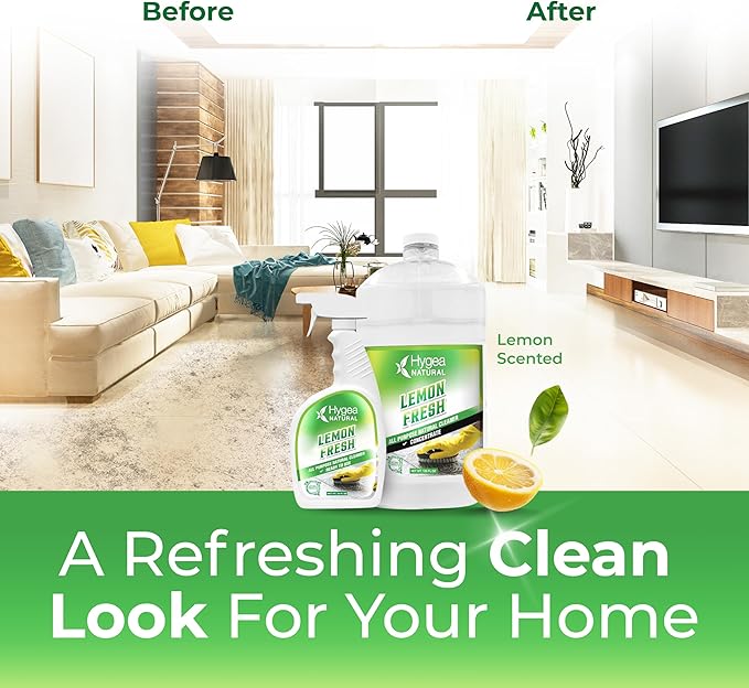 Hygea Natural Lemon Fresh All Purpose Cleaner - Chemical-Free - Removes Soil, Dirt & Grease - Wet Gloss Finish - Biodegradable, pH-Neutral & Ammonia Free (24oz Spray & 128oz Concentrated Gallon)
