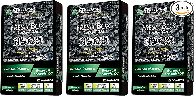 Treefrog Xtreme Fresh Box Charcoal New Car Scent 3-Pack Car Air Freshener, Deodorizer and Neutralizer air, Plus Smelling Great, Bamboo Charcoal, Generously Large Size 200g.