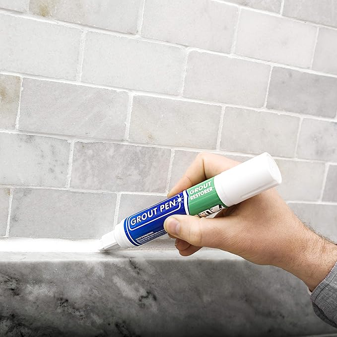 Grout Pen Tile Paint Marker: Waterproof Grout Colorant and Sealer Pen to Renew, Repair, and Refresh Tile Grout - Cleaner Coating Stain Pens - 2 Pack, 15mm Wide White and 15mm Wide Beige Tip