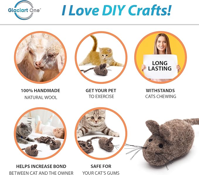 Glaciart One Felt Mouse Cat Toy – Soft Fuzzy Enrichment 100% Natural Wool - Interactive Catnip Play Cat Toy Set - Safe for Pets, Non-AZO Colored Dyes - 100” Long