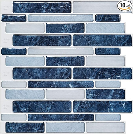 LONGKING Self-Adhesive Kitchen Backsplash, Marble Look Decorative Tiles (10 Tiles) (Dark Blue)