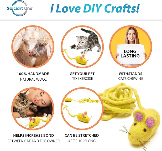 Glaciart One Felt Mouse Cat Toy – Soft Fuzzy Enrichment 100% Natural Wool - Interactive Catnip Play Cat Toy Set - Safe for Pets, Non-AZO Colored Dyes - 100” Long