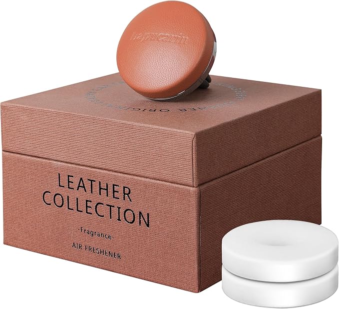 Car Air Freshener Vent Clip Fragrance Long Lasting Auto Odor Eliminator - Made with Natural Plant Extracts - Mocha Brown Leather Diffuser with 2 Pieces Mistral Scent Refills