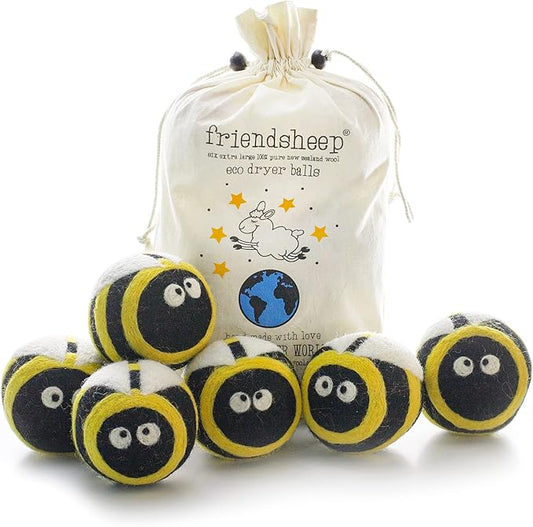 Friendsheep Wool Dryer Balls, Organic Reusable Fabric Softener Alternative for Laundry, Handmade, Fair Trade, Hypoallergenic, Eco-Friendly, Plastic-Free (6 Pack XL ??Busy Bees)