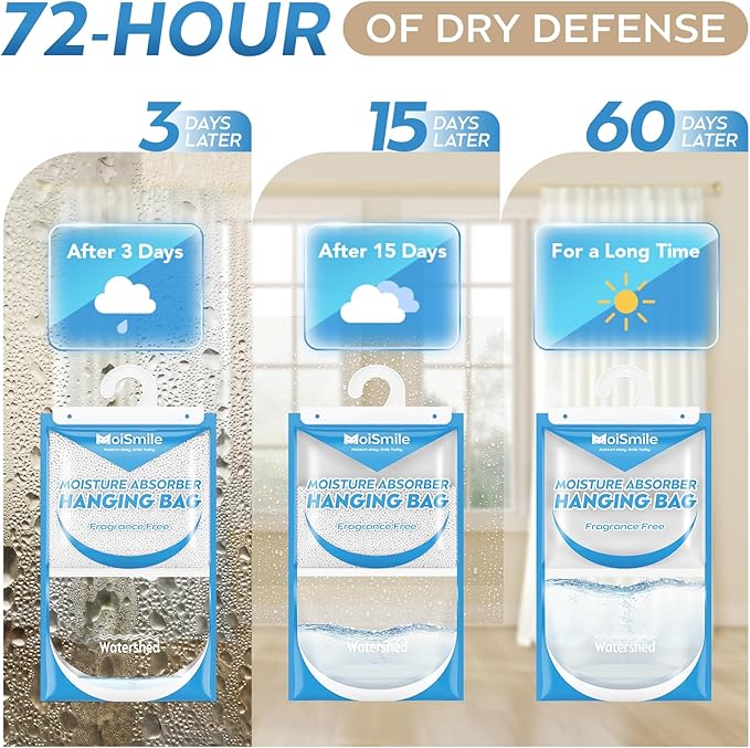 Hanging Moisture Absorbers 6 Pack Net Wt. 17.5oz/Pack, Fragrance Free Closet Dehumidifier Bags, Odor Eliminator & Humidity Absorber, Humidity Packs for Bathroom, Bedroom, Basement, Car, RV & Boat