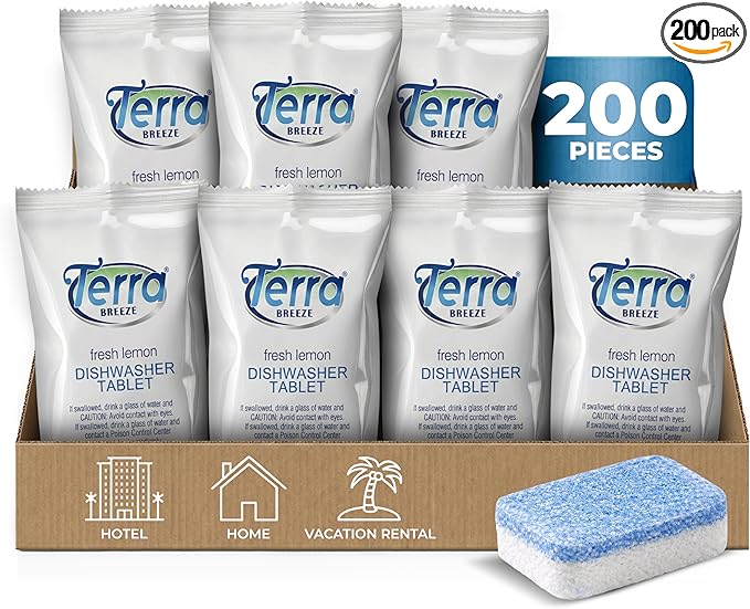 Individually Wrapped Dishwasher Tablets | Dishwasher Detergent | Dish Soap Pods | Fresh Lemon Scent | Deep Clean for Dishes | 200 Count Bulk for Vacation Rentals and Extended Stay Hotels