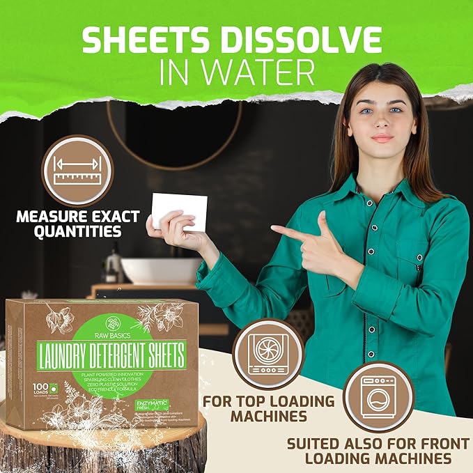 Laundry Detergent Sheets - Fresh Scent - Zero Waste, Plastic Free Natural Soap - Travel Size Essentials for Washing Clothes, 100 Loads