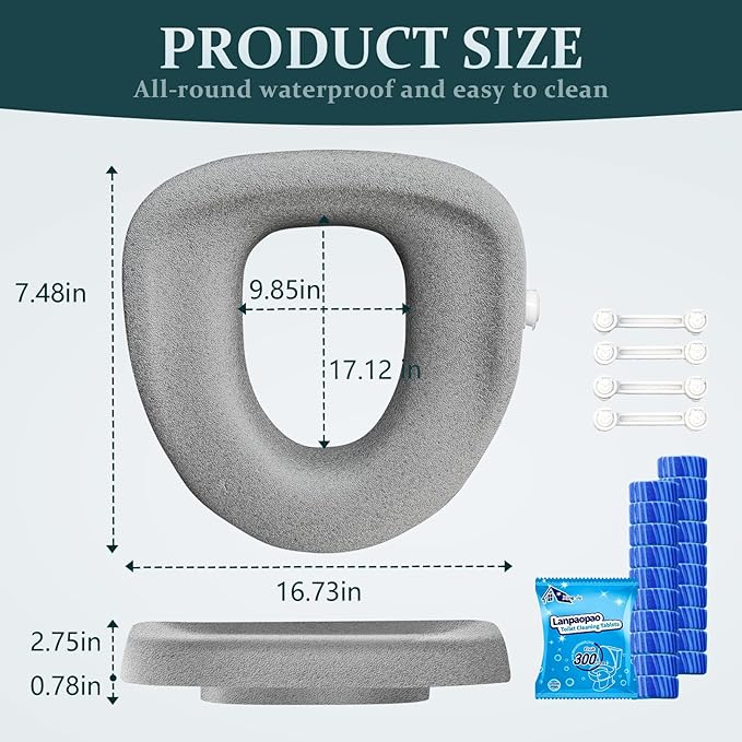 Comfort Toilet Seat Riser, Ergonomic Slope Design for Easier Sit-to-Stand, No-Tool Portable Aid for Seniors, Post-Surgery, Bariatric, Fits Standard/Elongated Toilets, with Cleaning Tablets