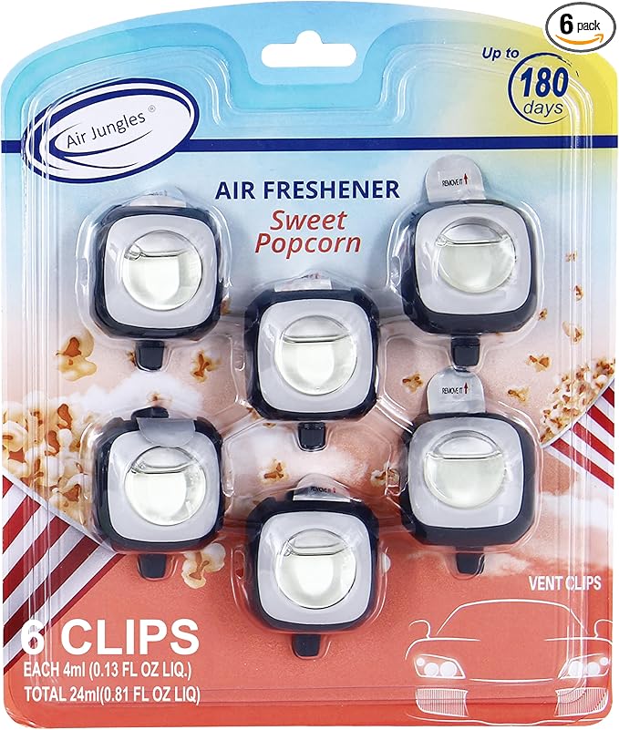 Air Jungles Sweet Popcorn Scent Car Air Freshener Vent Clip, 6 Count Long Lasting Up to 180 days, Natural Essential Oil Car Fragrance for Women and Men, Odor Eliminator - 4ml Each