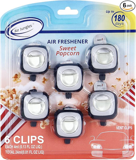 Air Jungles Sweet Popcorn Scent Car Air Freshener Vent Clip, 6 Count Long Lasting Up to 180 days, Natural Essential Oil Car Fragrance for Women and Men, Odor Eliminator - 4ml Each